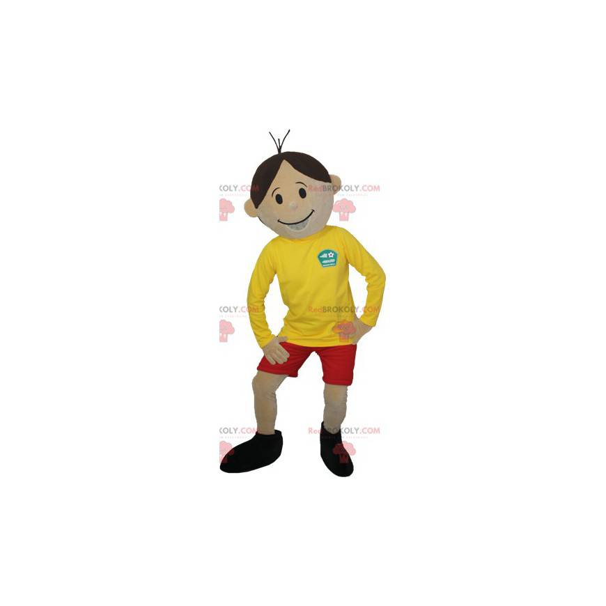 Bruine jongen mascotte in sportkleding - Redbrokoly.com