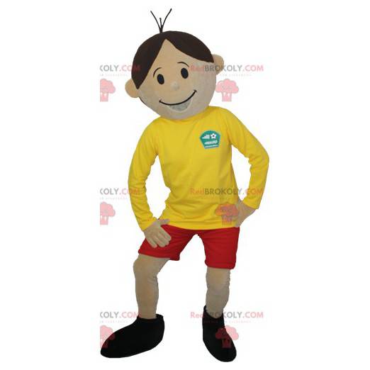 Bruine jongen mascotte in sportkleding - Redbrokoly.com