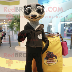 Black Meerkat mascot costume character dressed with a Blouse and Messenger bags