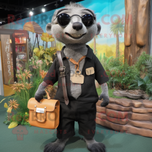 Black Meerkat mascot costume character dressed with a Blouse and Messenger bags