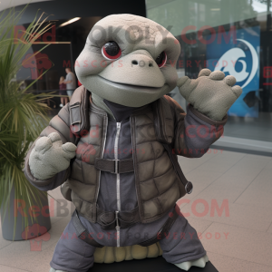 Gray Turtle mascot costume character dressed with a Biker Jacket and Backpacks