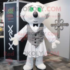 White Celtic Cross mascot costume character dressed with a Dress Shirt and Tie pins