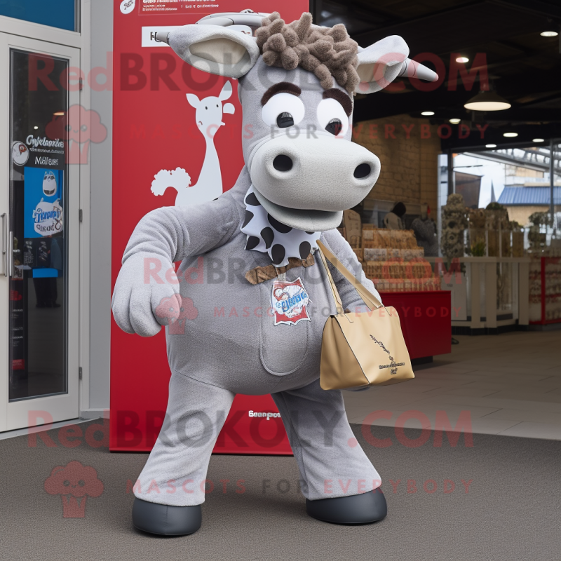 Silver Beef Stroganoff mascot costume character dressed with a Dungarees and Tote bags Silver Beef Stroganoff mascot costume character dressed with a Dungarees and Tote bags