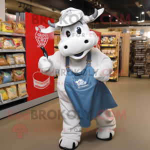 Silver Beef Stroganoff mascot costume character dressed with a Dungarees and Tote bags