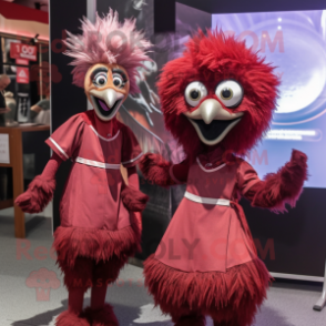Maroon Emu mascot costume character dressed with a Mini Dress and Suspenders