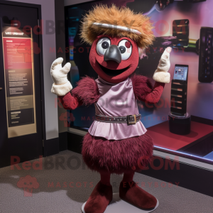 Maroon Emu mascot costume character dressed with a Mini Dress and Suspenders