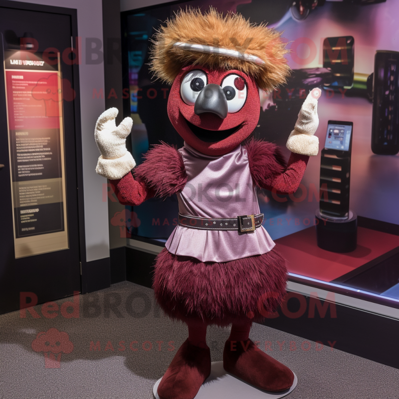 Maroon Emu mascot costume character dressed with a Mini Dress and Suspenders Maroon Emu mascot costume character dressed with a Mini Dress and Suspenders