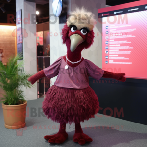 Maroon Emu mascot costume character dressed with a Mini Dress and Suspenders