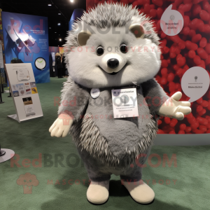 Gray Hedgehog mascot costume character dressed with a T-Shirt and Coin purses