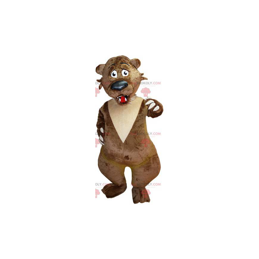 Mascote urso marrom e bege parecendo assustado - Redbrokoly.com