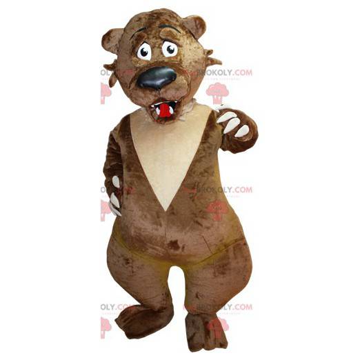Mascotte dell'orso marrone e beige che sembra spaventata -