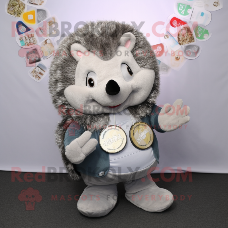 Gray Hedgehog mascot costume character dressed with a T-Shirt and Coin purses