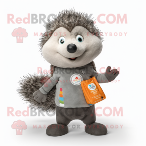Gray Hedgehog mascot costume character dressed with a T-Shirt and Coin purses