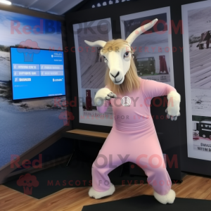 Beige Boer Goat mascot costume character dressed with a Yoga Pants and Cummerbunds