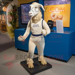 Beige Boer Goat mascot costume character dressed with a Yoga Pants and Cummerbunds