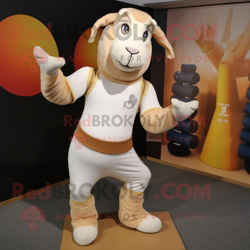 Beige Boer Goat mascot costume character dressed with a Yoga Pants and Cummerbunds