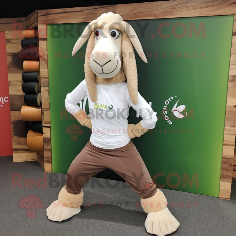 Beige Boer Goat mascot costume character dressed with a Yoga Pants and Cummerbunds