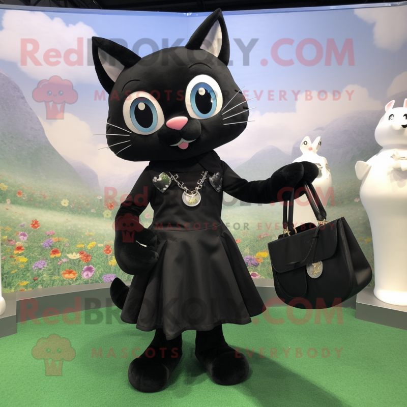 Black Cat mascot costume character dressed with a Sheath Dress and Coin purses