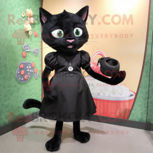 Black Cat mascot costume character dressed with a Sheath Dress and Coin purses