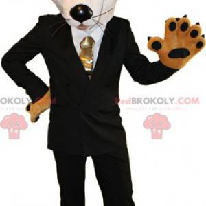 Mascotte de renard orange et blanc habillé d'un costume noir -