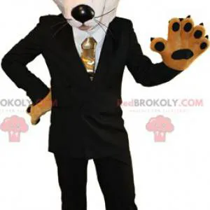 Orange and white fox mascot dressed in a black costume -