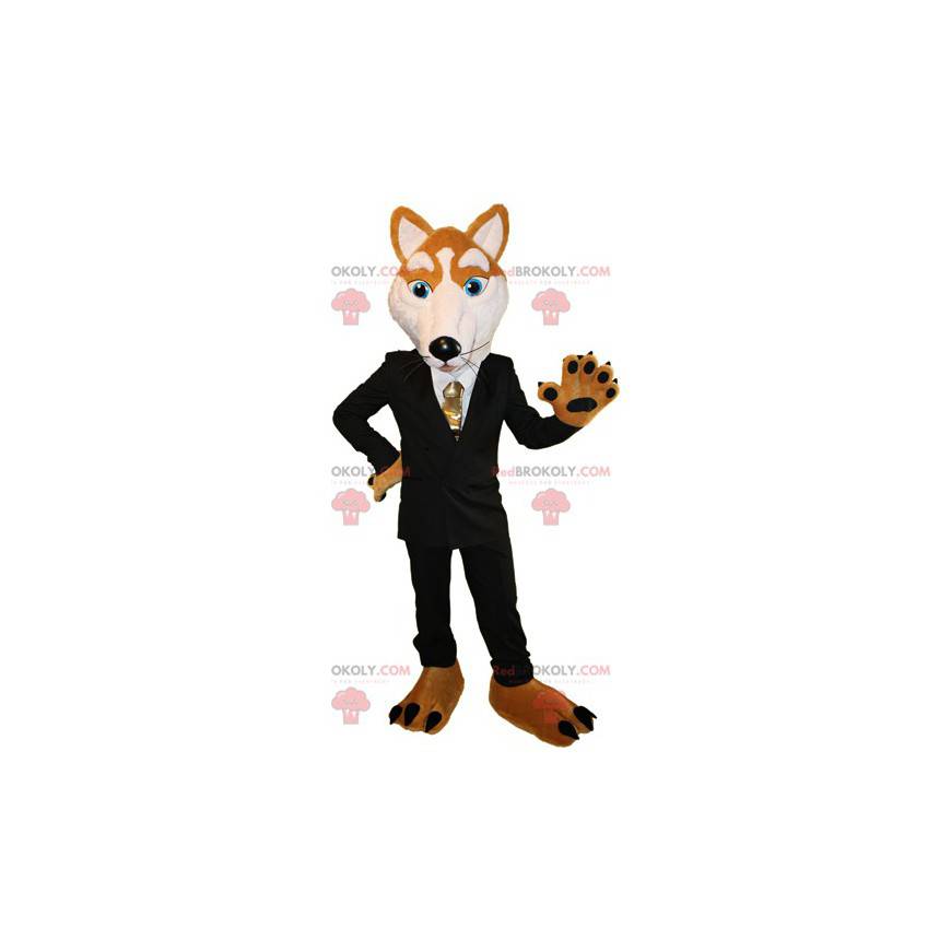 Mascotte de renard orange et blanc habillé d'un costume noir -