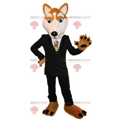 Mascote raposa laranja e branca vestida com fantasia preta -