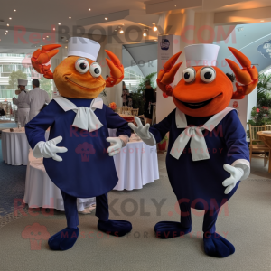 Navy Crab Cakes mascot costume character dressed with a Dress and Cufflinks