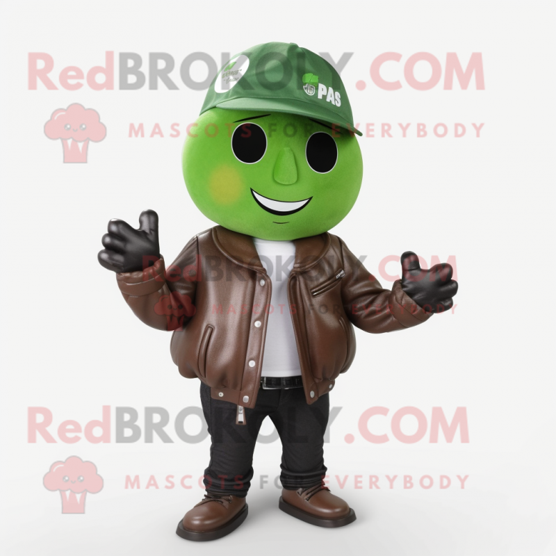 Forest Green Pear mascot costume character dressed with a Leather Jacket and Beanies Forest Green Pear mascot costume character dressed with a Leather Jacket and Beanies