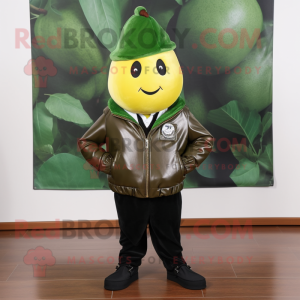 Forest Green Pear mascot costume character dressed with a Leather Jacket and Beanies