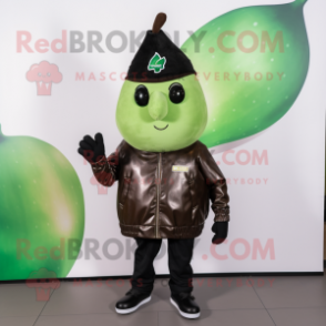 Forest Green Pear mascot costume character dressed with a Leather Jacket and Beanies