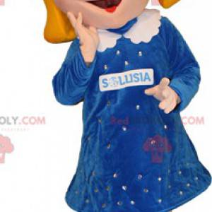 Mascote loira de olhos azuis com um lindo vestido -