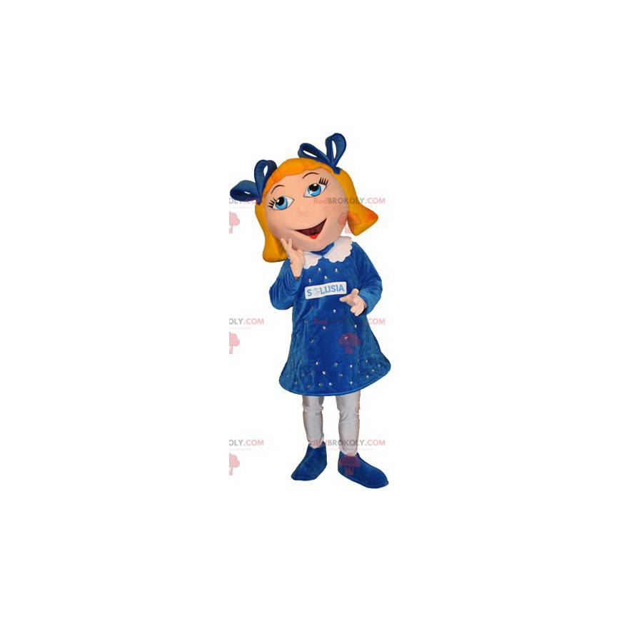 Mascot chica rubia con ojos azules con un bonito vestido -