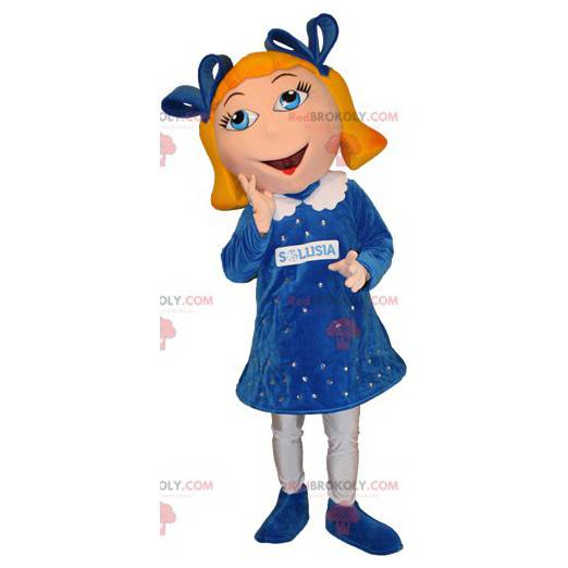 Mascot chica rubia con ojos azules con un bonito vestido -