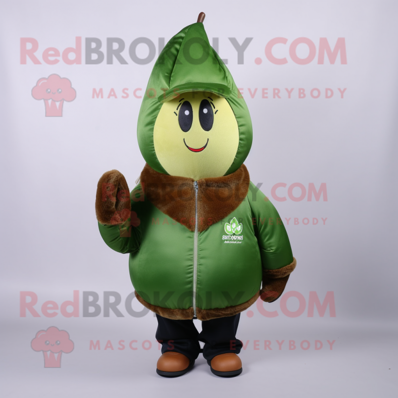 Forest Green Pear mascot costume character dressed with a Leather Jacket and Beanies