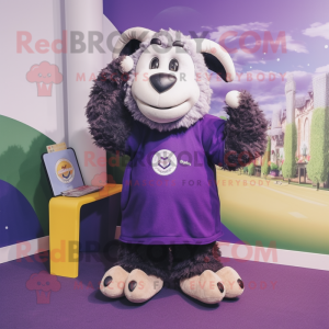 Purple Suffolk Sheep mascot costume character dressed with a Henley Shirt and Clutch bags