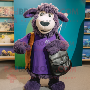 Purple Suffolk Sheep mascot costume character dressed with a Henley Shirt and Clutch bags