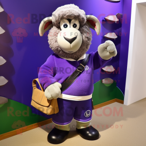 Purple Suffolk Sheep mascot costume character dressed with a Henley Shirt and Clutch bags
