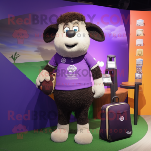 Purple Suffolk Sheep mascot costume character dressed with a Henley Shirt and Clutch bags