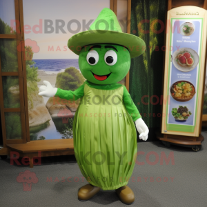 Olive Plate Spinner mascot costume character dressed with a One-Piece Swimsuit and Hat pins