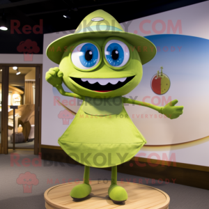 Olive Plate Spinner mascot costume character dressed with a One-Piece Swimsuit and Hat pins