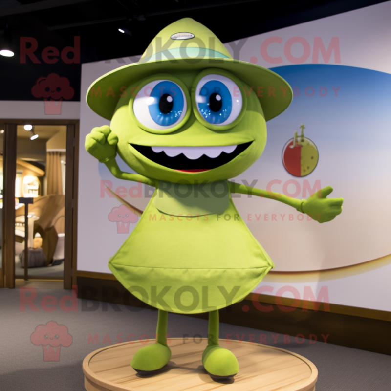 Olive Plate Spinner mascot costume character dressed with a One-Piece Swimsuit and Hat pins Olive Plate Spinner mascot costume character dressed with a One-Piece Swimsuit and Hat pins