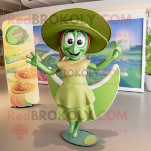 Olive Plate Spinner mascot costume character dressed with a One-Piece Swimsuit and Hat pins