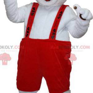 Weißes und braunes Hundemaskottchen mit Overall - Redbrokoly.com