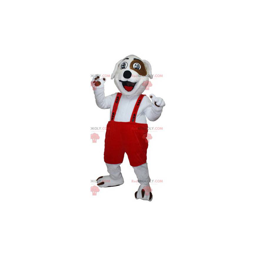 Mascote cachorro branco e marrom com macacão - Redbrokoly.com