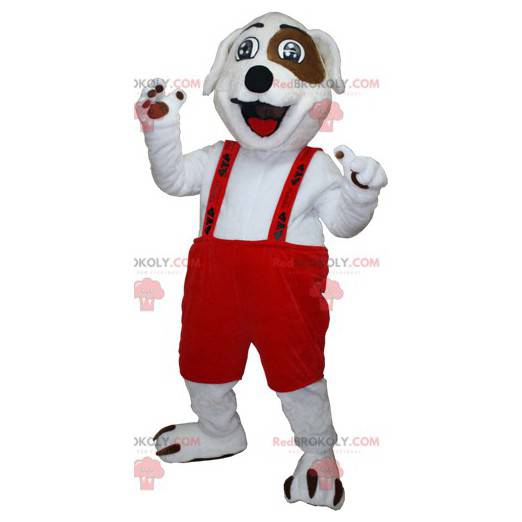 Mascote cachorro branco e marrom com macacão - Redbrokoly.com