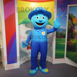 Blue Rainbow mascot costume character dressed with a Playsuit and Caps
