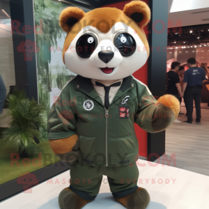 Olive Red Panda mascot costume character dressed with a Bomber Jacket and Tie pins