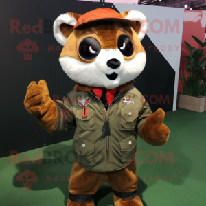 Olive Red Panda mascot costume character dressed with a Bomber Jacket and Tie pins