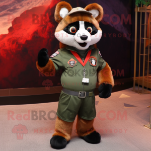 Olive Red Panda mascot costume character dressed with a Bomber Jacket and Tie pins